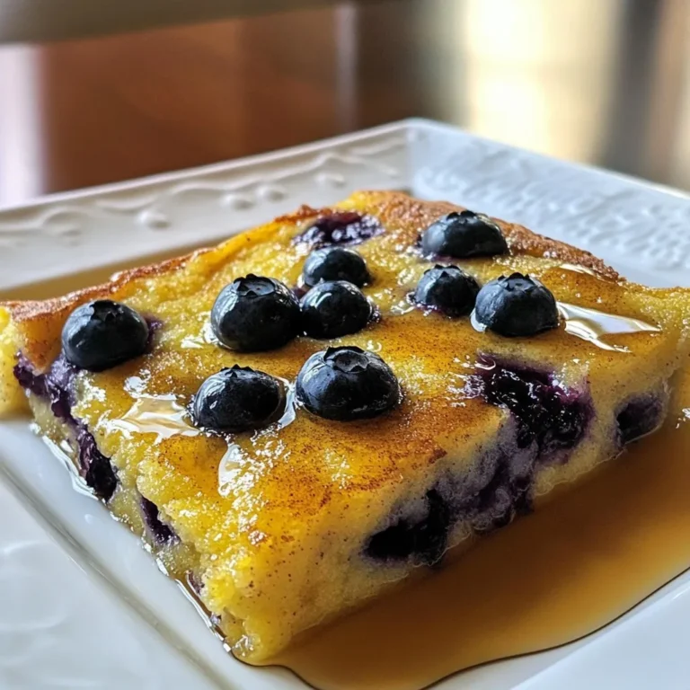 Here is what you need to make this tasty dish: - 2 cups all-purpose flour - 2 tablespoons baking powder - 1/2 teaspoon fine sea salt - 1/4 cup granulated sugar - 2 large eggs - 1 1/2 cups whole milk - 1/4 cup unsalted butter, melted and slightly cooled - 2 cups fresh or frozen blueberries - 1 teaspoon pure vanilla extract - 1 teaspoon ground cinnamon (optional) - Maple syrup, for drizzling before serving These simple ingredients come together to create a warm, fluffy, and fruity pancake casserole. The flour gives it structure, while the baking powder helps it rise. The eggs and milk add moisture and richness. Blueberries bring sweetness and a burst of flavor. You can also add cinnamon for extra warmth. Don’t forget the maple syrup! It adds the perfect touch when you serve this dish. {{ingredient_image_2}} - Preheat the oven to 350°F (175°C). - Grease a 9x13-inch baking dish with butter or spray. - Combine 2 cups of flour, 2 tablespoons of baking powder, 1/2 teaspoon of salt, and 1/4 cup of sugar. - Whisk these ingredients together until evenly mixed. - In a new bowl, beat 2 large eggs until frothy. - Add 1 1/2 cups of milk, 1/4 cup of melted butter, and 1 teaspoon of vanilla. - Mix well until all ingredients are fully combined. - Pour the wet mixture into the dry ingredients. - Stir gently until just combined. A few lumps are okay. - Fold in 2 cups of blueberries carefully. - Reserve a small handful for the top later. - Transfer the batter to the greased baking dish. - Spread it evenly and sprinkle the reserved blueberries on top. - Bake for 30-35 minutes until golden brown. Check with a toothpick for doneness. - Do not overmix batter. Mixing too much can make the pancakes tough. Stir until just combined. A few lumps are okay! - Ensure the butter isn't too hot. Hot butter can cook the eggs and change the texture. Let it cool slightly before using. - Serve warm with maple syrup. The syrup adds sweetness and flavor, making each bite better. - Garnish with powdered sugar and extra blueberries. This adds a nice look and extra burst of flavor. - Use a decorative platter for serving. A pretty dish makes the meal feel special. - Add fresh berries for a pop of color. Bright berries make the dish more appealing and fun. Pro Tips Use Fresh Blueberries: If possible, opt for fresh blueberries for the best flavor and texture. If using frozen, do not thaw them before adding to the batter to prevent excess moisture. Check for Doneness: To ensure your casserole is perfectly cooked, insert a toothpick into the center. It should come out clean when ready, but be careful not to overbake. Customize Your Toppings: Feel free to add other toppings like chopped nuts, chocolate chips, or a sprinkle of powdered sugar for added texture and flavor. Make Ahead: Prepare the batter the night before and refrigerate. Just pour it into the baking dish and bake in the morning for a quick and easy breakfast. {{image_4}} You can switch up the fruit in this dish. Try using raspberries or strawberries. They add a sweet and tart flavor. You can also mix different seasonal berries for a colorful twist. If you need gluten-free options, replace all-purpose flour with gluten-free flour. This keeps the dish tasty for everyone. For dairy-free folks, use almond milk or coconut milk. You can also swap butter for a dairy-free alternative. To add some crunch, sprinkle in your favorite nuts. Walnuts or pecans work great. For a fresh twist, add lemon zest. It brightens the dish and pairs well with blueberries. After enjoying your Blueberry Pancake Casserole, store any leftovers in an airtight container. This helps keep it fresh. You can refrigerate the casserole for up to 3 days. This way, you can savor it again! When you're ready to enjoy leftovers, warm them up in the microwave or oven. If you want to make it extra tasty, consider topping it with fresh syrup before serving. This gives it a delightful, fresh flavor. If you want to make this dish ahead of time, you can freeze it before baking. Wrap it well in plastic wrap and then foil. Store it in the freezer for up to 2 months. When you are ready to bake, just let it thaw overnight in the fridge before cooking. This makes meal prep simple and fun! Yes, you can prepare it the night before and bake it in the morning. This makes serving easy and fun. Just cover the dish and store it in the fridge overnight. In the morning, take it out, let it sit at room temperature for a bit, and then pop it in the oven. A toothpick inserted in the center should come out clean. This tells you that the batter is cooked through. If it comes out wet, give it a few more minutes. Watch the top for a golden color; that’s a good sign too! Yes, frozen blueberries work well in this recipe. They save time and add great flavor. Just fold them in gently so they don't break apart. You might want to thaw them first to avoid extra moisture in the batter. It’s best served warm with maple syrup drizzled on top. The syrup adds sweetness and complements the blueberries. You can also add a sprinkle of powdered sugar for a nice touch. Serve it right from the dish for a casual feel. This recipe yields 8 servings. It’s perfect for a family breakfast or brunch with friends. If you have leftovers, they make a great snack or quick meal later! This blueberry pancake casserole is a tasty and simple dish. We covered ingredients, step-by-step instructions, and tips to make it great. Remember, you can swap berries and adjust for diets. Proper storage ensures leftovers last longer. Feel free to make it ahead of time. Enjoy warm with syrup for a delightful breakfast! Your family will love it.
