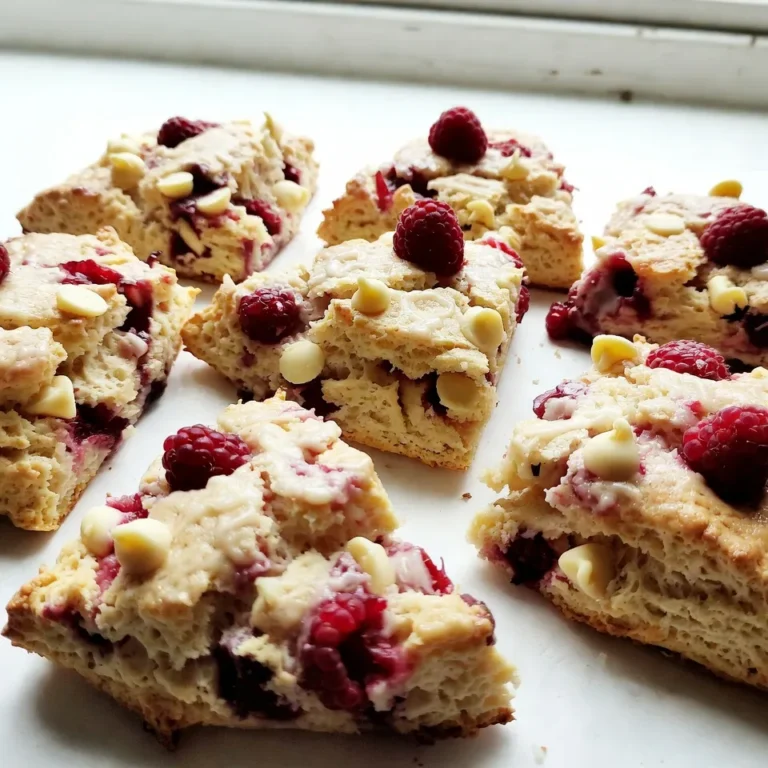 - 2 cups all-purpose flour - 1/4 cup granulated sugar - 1 tablespoon baking powder - 1/2 teaspoon salt - 1/2 cup unsalted butter, cold and cubed - 1/2 cup heavy cream - 1 large egg - 1 teaspoon vanilla extract - 1 cup fresh raspberries - 1/2 cup white chocolate chips - Extra heavy cream for brushing - Additional granulated sugar for sprinkling To make perfect raspberry white chocolate scones, use these exact amounts: - 2 cups of all-purpose flour give the scones structure. - 1/4 cup of granulated sugar adds sweetness. - 1 tablespoon of baking powder helps them rise. - 1/2 teaspoon of salt balances the flavors. - 1/2 cup of cold, unsalted butter is key. Cold butter creates flaky layers. - 1/2 cup of heavy cream adds richness. - 1 large egg gives the dough stability. - 1 teaspoon of vanilla extract adds a lovely flavor. - 1 cup of fresh raspberries offers tartness. - 1/2 cup of white chocolate chips gives sweetness. - Brush with extra heavy cream for a golden finish. - Sprinkle more sugar for a sweet crunch. Using cold butter is important. It keeps the scones tender and flaky. If the butter warms up, you lose that light texture. You can switch things up with these ideas: - Use different berries like blueberries or strawberries. - Try dark chocolate chips for a richer taste. - Add zest from a lemon for extra zing. - Replace heavy cream with buttermilk for a tangy flavor. Feel free to experiment! These changes can make your scones unique and fun. {{ingredient_image_2}} First, preheat your oven to 400°F (200°C). This step is key for the perfect bake. While the oven heats up, prepare your baking sheet. Line it with parchment paper. This will help your scones not stick. In a large bowl, combine 2 cups of all-purpose flour, 1/4 cup of granulated sugar, 1 tablespoon of baking powder, and 1/2 teaspoon of salt. Whisk these dry ingredients well. Make sure there are no lumps left. Now, add 1/2 cup of cold, cubed unsalted butter to the flour mix. You can use a pastry cutter, a fork, or even your fingers. Cut the butter into the flour until it looks like coarse crumbs. Keep some pea-sized pieces for flakiness. In another bowl, whisk together 1/2 cup of heavy cream, 1 large egg, and 1 teaspoon of vanilla extract. Mix these until they are well combined and look uniform. Pour the cream mixture into the bowl with the dry mix. Gently fold them together using a spatula or wooden spoon. Only mix until the dough just starts to come together. Be careful not to overmix. This keeps your scones soft. Transfer the dough onto a lightly floured surface. Pat it into a round disc about 1 inch thick. Try not to handle it too much. Use a sharp knife or pizza cutter to slice the dough into 8 wedges. Place these on the prepared baking sheet, leaving about 2 inches between each. Brush the tops of the scones with extra heavy cream. This helps them turn golden brown. Sprinkle some granulated sugar on top for a sweet finish. Bake in your preheated oven for 15-20 minutes. They should puff up and turn golden. A toothpick inserted in the center should come out clean. Enjoy the lovely mix of tart raspberries and sweet white chocolate! To make scones light and flaky, keep the butter cold. Start with unsalted butter straight from the fridge. Cut it into small cubes, about the size of peas. When mixing, use a pastry cutter or your fingers. Blend it into the flour until it feels like coarse crumbs. Leave some larger pieces to create air pockets. This step is key for a great texture. When adding raspberries and white chocolate, be gentle. After you mix the wet and dry ingredients, carefully fold in the raspberries. Use a spatula and make a few turns. Avoid smashing the berries. If you crush them, they will turn the dough pink. You want bursts of flavor, not a pink scone! For a golden finish, brush the tops with heavy cream before baking. This step makes the scones shine. Then, sprinkle some granulated sugar on top. It adds a sweet crunch and makes them look lovely. After baking, your scones should be golden and puffed. Enjoy the beautiful contrast of colors! Pro Tips Chill Your Ingredients: For the best texture, ensure your butter and heavy cream are very cold. This helps create flaky layers in the scones. Don’t Overmix: When combining the wet and dry ingredients, mix just until combined. Overmixing can lead to tough scones. Use Fresh Raspberries: Fresh raspberries yield the best flavor and texture. If using frozen, do not thaw to prevent excess moisture in the dough. Experiment with Flavors: Feel free to add lemon zest or almond extract for an additional flavor dimension to your scones. {{image_4}} You can switch up the flavors in your scones easily. Try using blueberries or strawberries instead of raspberries. Both fruits add a nice, sweet touch. If you want a richer flavor, swap the white chocolate with dark chocolate. This gives a more intense taste that pairs well with any fruit. You can also mix in nuts like almonds or pecans for added crunch. Being creative makes the scones even more fun! If you prefer a gluten-free version, you can use a gluten-free all-purpose flour blend. Make sure it has xanthan gum or add a little yourself. This helps the scones hold together. You can also use almond flour or oat flour for a different texture. Just remember, the taste may change a bit, but they will still be tasty! Want to make mini scones? It’s simple! Just divide the dough into smaller pieces. You can cut the round disc into 16 wedges instead of 8. This will give you cute, bite-sized treats. Bake them for a shorter time, about 12-15 minutes. Keep an eye on them so they don’t overbake. Mini scones are perfect for tea parties or breakfast! To keep your scones fresh, store them in an airtight container. This helps keep the moisture inside. If you don’t have one, wrap them in plastic wrap. Place them in a cool, dry spot. Avoid placing them in direct sunlight or heat. This will keep your scones tasting great for up to two days. To warm your scones, preheat the oven to 350°F (175°C). Place the scones on a baking sheet. Heat them for about 5 to 10 minutes. This gives you warm, flaky scones. If you want, you can also use a microwave. Heat for about 10 to 15 seconds, but be careful not to overheat. This keeps the scones soft and tasty. You can freeze both baked and unbaked scones. If freezing before baking, shape the dough and place the wedges on a baking sheet. Freeze them for about an hour, then transfer them to a freezer bag. If you want to freeze baked scones, let them cool completely first. Wrap them tightly and place them in a freezer bag. They can last up to three months. When ready to bake, you can cook frozen scones directly from the freezer. Just add a few extra minutes to the baking time. Yes, you can use frozen raspberries. They work well in scones, too. Frozen raspberries may release more juice. This can make your dough wetter. You might need to adjust the flour slightly if you use them. Fresh raspberries will give you a firmer texture. They also add a nice burst of flavor. To make your scones sweeter, add more sugar. You can increase the granulated sugar by a few tablespoons. You can also sprinkle sugar on top before baking. Consider adding a glaze made of powdered sugar and milk. This will add sweetness and a nice shine to your scones. If your dough is too sticky, add a bit more flour. Sprinkle flour in small amounts. Mix it in gently until the dough firms up. Avoid overmixing, as that can make the scones tough. You can also chill the dough for 30 minutes. This can help firm it up. Absolutely! Nuts like pecans or walnuts work great in these scones. Chop them into small pieces before adding. Mix them in gently with the raspberries and chocolate. This gives a nice crunch and adds flavor. Just be careful not to add too many, or it might change the dough's texture. To check if your scones are done, look for a golden color. They should puff up nicely and have a slight shine. Insert a toothpick into the center. If it comes out clean, the scones are ready. Let them cool slightly before serving for the best taste. You now have all the tools to make delicious scones. We covered the key ingredients, measurements, and step-by-step instructions. You learned tips for achieving flaky texture and beautiful presentation. We also explored variations and storage methods to help your scones last. Remember, you can customize with different flavors or fruits. Enjoy the fun of baking and make these scones uniquely yours!