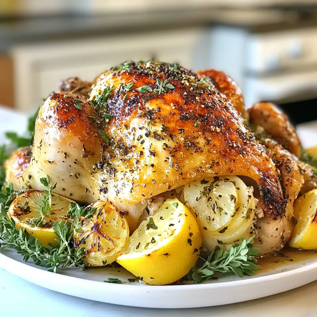 - 1 whole chicken (approximately 4-5 lbs) - 1 cup unsalted butter, softened to room temperature - 10 cloves garlic, finely minced - 2 tablespoons fresh rosemary, minced - 2 tablespoons fresh thyme, minced - 2 tablespoons fresh parsley, minced The whole chicken is the star of this dish. A 4-5 lb bird gives you great meat and skin. Unsalted butter makes the dish rich. The garlic adds a punch of flavor. Fresh herbs like rosemary, thyme, and parsley bring brightness to the dish. - Salt, black pepper, and smoked paprika - 1 lemon, cut into quarters - 1 onion, quartered (for stuffing the chicken) Seasoning is key. Salt and black pepper enhance the natural taste. Smoked paprika adds a warm, smoky note. Stuffing the chicken with lemon and onion infuses great flavors while it cooks. The lemon brightens up the meat, and the onion adds sweetness. If you want to switch things up, consider these options: - Use chicken parts instead of a whole chicken for quicker cooking. - Swap fresh herbs for dried ones if you have them. Just use less, as dried herbs are stronger. - Try different citrus like oranges or limes for stuffing. They give a fun twist to the flavor. These alternatives can make the dish fit your taste or what you have on hand. {{ingredient_image_2}} First, preheat your oven to 425°F (220°C). This hot oven helps the chicken cook evenly and gets the skin crispy. Next, dry the chicken with paper towels. This step is key for achieving that perfect golden skin. Now, let’s create pockets under the skin. Gently slide your fingers between the skin and the meat over the breast and thighs. Be careful not to tear the skin. These pockets will hold all the delicious garlic herb butter we are about to make. In a mixing bowl, combine 1 cup of softened, unsalted butter, 10 minced garlic cloves, 2 tablespoons of chopped rosemary, 2 tablespoons of thyme, and 2 tablespoons of parsley. Add salt, black pepper, and 1 teaspoon of smoked paprika for extra flavor. Mix it all together until well blended. Next, take half of your garlic herb butter and spread it under the skin you just created. Make sure to cover the meat well. This will add flavor and keep it moist. Use the remaining butter to coat the outside of the chicken. Don’t forget to season the exterior with salt and black pepper. It’s time to stuff the chicken! Place quartered lemon and onion inside the cavity. This will add more aroma as it roasts. Position the chicken on a roasting rack in a roasting pan, breast side up. Then, place the chicken in your preheated oven. Roast it for about 1 hour and 15 minutes. You want the internal temperature to reach 165°F (75°C). The skin should turn golden brown and crispy. Halfway through, baste the chicken with the juices from the pan to keep it juicy. After roasting, take the chicken out and let it rest for 10-15 minutes. This resting time lets the juices settle so every bite is juicy and flavorful. Enjoy carving and serving your beautiful garlic herb butter roasted chicken! To get a crispy skin, start by drying the chicken. Pat it dry with paper towels. This step helps the skin crisp up nicely while roasting. Next, use butter spread techniques to your advantage. Gently slide your fingers under the skin over the breast and thighs. Create small pockets without tearing the skin. This allows the garlic herb butter to soak in, giving you flavor and moisture. For added flavor, try different herbs and spices. You can use sage or dill for a unique twist. If you like heat, a pinch of cayenne pepper works well too. While the chicken roasts, baste it with pan drippings for even more flavor. This keeps the meat moist and enhances the crispy skin. Basting halfway through the cooking time is usually best. Resting the chicken before carving is very important. Let it sit for 10-15 minutes after roasting. This allows the juices to settle, which means every bite will be juicy. When carving, use a sharp knife for clean cuts. For a beautiful presentation, arrange the pieces on a large platter. Garnish with fresh herbs and lemon wedges. This adds color and makes the dish even more inviting. Pro Tips Resting the Chicken: Allow the chicken to rest after roasting. This helps the juices redistribute, resulting in a more succulent and flavorful dish. Use a Meat Thermometer: Check the internal temperature of the chicken with a meat thermometer to ensure it reaches 165°F (75°C) for safe consumption and optimal juiciness. Herb Variations: Feel free to experiment with other herbs like sage or oregano for different flavor profiles. Fresh herbs enhance the taste significantly. Crispier Skin Tip: For extra crispy skin, leave the chicken uncovered in the fridge for a few hours before roasting. This helps to dry out the skin, leading to a crunchier texture. {{image_4}} You can change the herbs in this recipe for a unique twist. Try using sage or dill instead of rosemary, thyme, or parsley. Both options add a fresh taste. If you want a little heat, add some red pepper flakes. This makes the chicken more exciting! You can cook this chicken in different ways. A slow cooker works well for busy days. Just set it and forget it! If you want a smoky flavor, grilling is a great option. Air frying gives you a crispy skin with less oil. Each method adds its own charm to the dish. Choosing the right sides makes your meal complete. Roasted vegetables like carrots and green beans go well with the chicken. A fresh salad with lemon vinaigrette adds a nice crunch. For starch, try creamy mashed potatoes or fluffy rice. These choices balance the meal and make it even more satisfying. To keep your garlic herb butter roasted chicken fresh, refrigerate it right away. Use an airtight container or wrap it tightly with plastic wrap. Store it in the fridge for up to four days. For longer storage, freeze the chicken. Wrap it well in plastic wrap, then place it in a freezer bag. This method helps prevent freezer burn. You can freeze it for up to three months. When reheating chicken, safety is key. The best methods are the oven or stovetop. Preheat your oven to 350°F (175°C). Place the chicken in a baking dish and cover with foil. This keeps it moist. Heat for about 20-30 minutes, or until warm. If using the stovetop, slice the chicken and heat it in a pan over low heat. Add a splash of broth to keep it juicy. Avoid microwaving, as it can dry out the meat. This recipe yields 6 to 8 servings. Understanding portion sizes helps you plan better. Each person usually eats about 4-6 ounces of chicken. If you want to serve more people, you can double the recipe. For smaller groups, use a smaller chicken, around 3-4 lbs. Adjust the cooking time slightly. Always check the internal temperature to ensure it is safe to eat. The best internal temperature for roasted chicken is 165°F (75°C). This ensures the chicken is safe to eat. To check the temperature, insert a meat thermometer into the thickest part of the thigh. Avoid touching the bone, as it can give a false reading. You can tell when the chicken is done by checking its color and using a thermometer. Look for golden brown skin, which shows it is well cooked. Use a meat thermometer and aim for 165°F (75°C). The juices should run clear when you cut into the chicken. If they are pink, it needs more time. Yes, you can use chicken parts instead of a whole chicken. Cooking times will change based on the parts. For example, chicken breasts cook faster and usually take about 25 to 30 minutes. Thighs and drumsticks may take around 35 to 45 minutes. Always check that each part reaches 165°F (75°C) for safety. If you don’t have fresh herbs, you can use dried herbs. Use one-third of the amount needed for fresh herbs. For example, if the recipe calls for 2 tablespoons of fresh herbs, use about 2 teaspoons of dried herbs. Dried herbs still give great flavor but will not have the same bright taste as fresh ones. This article covered how to make delicious garlic herb butter roasted chicken. You learned about essential ingredients like whole chicken, butter, and fresh herbs. I shared step-by-step instructions, from preparing the chicken to roasting it perfectly. Tips for crispy skin and flavor enhancements were included. Don’t forget to explore variations and side dishes to make meals even better. Store any leftovers safely and reheat them correctly. Enjoy your cooking journey and impress your friends and family with this flavorful dish!