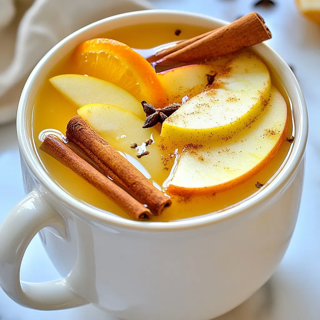 - 8 cups of apple cider - 2 fresh apples, cored and sliced - 1 juicy orange, sliced into rounds - 4 cinnamon sticks - 1 teaspoon of whole cloves - 1 teaspoon of allspice berries - 1 teaspoon of freshly grated nutmeg - 1/4 cup of brown sugar - 1 tablespoon of vanilla extract (optional) When I make spiced slow-cooker apple cider, I love to start with fresh ingredients. The apple cider forms the base. I use 8 cups to ensure a hearty amount to share. For added fruity flavor, I slice 2 fresh apples and 1 juicy orange. The apple variety is up to you, but I suggest sweeter types for a better taste. Next, I focus on the spices. Nothing beats the warmth of 4 cinnamon sticks. They add a cozy touch. I also add 1 teaspoon of whole cloves and 1 teaspoon of allspice berries. These spices bring a unique depth to the cider. The last spice is 1 teaspoon of freshly grated nutmeg. Just a bit gives it a warm, nutty flavor. To sweeten the mix, I use 1/4 cup of brown sugar. This adds a rich sweetness that balances the tartness of the fruit. If I want an extra layer of flavor, I include 1 tablespoon of vanilla extract. This is optional, but it can make a big difference. With these ingredients, you create a warm and inviting drink that fills your home with a delightful aroma. Each sip brings a taste of fall, making it perfect for gatherings or cozy nights in. {{ingredient_image_2}} Start by pouring 8 cups of apple cider into your slow cooker. This cider serves as a warm and inviting base. Next, add 2 fresh apples, cored and sliced, along with 1 juicy orange, sliced into rounds. These fruits add a burst of flavor and a lovely aroma. Now, stir in the spices. Add 4 cinnamon sticks, 1 teaspoon of whole cloves, 1 teaspoon of allspice berries, and 1 teaspoon of freshly grated nutmeg. Mix these in well to spread the flavors evenly. Gradually sprinkle in 1/4 cup of brown sugar, stirring until it dissolves. Taste the mixture and adjust the sweetness as you prefer. If you like, add a tablespoon of vanilla extract for a deeper flavor. Secure the lid on your slow cooker. Set it to low heat and let it cook for 6-8 hours. This slow cooking allows the flavors to meld beautifully. The result will be a rich and aromatic cider that fills your home with warmth. When the time is up, use a ladle to pour the cider into mugs. You can choose to strain out the spices and fruit slices or leave them in for a rustic touch. Enjoy every sip of this delightful drink! To make your spiced slow-cooker apple cider sweeter, add more brown sugar. Start with 1/4 cup. Taste it after a few hours. If you want more sweetness, stir in a bit more. You can also use honey or maple syrup for a different flavor. Fresh spices are best for strong flavors. Ground spices can work too, but they may not taste as bright. If you have whole spices, use them! They stay fresh longer and add depth to your cider. You can choose to strain out the spices and fruit or leave them in. Straining gives you a smooth drink. But leaving them in adds a rustic look. The spices can also keep adding flavor as you serve. If you decide to leave the spices and fruit, it makes a nice display. Guests will enjoy the sight of cinnamon sticks and apple slices in their mugs. Garnish your cider with a cinnamon stick or a fresh apple slice. This adds a nice touch and makes it look special. A slice of orange can also enhance the drink’s appearance. When it comes to mugs, choose sturdy ones that hold heat well. A clear glass mug can show off the beautiful colors of your cider. You want your guests to feel cozy while sipping this warm drink. Pro Tips Adjust Sweetness: Taste the cider after a few hours of cooking and adjust the brown sugar to your desired sweetness level for a perfectly tailored flavor. Use Fresh Spices: Opt for whole spices instead of ground ones to enhance the flavor profile. Whole spices release their oils more effectively during slow cooking. Experiment with Fruits: Try adding other seasonal fruits like pears or cranberries to diversify the flavor and add a unique twist to your apple cider. Keep it Warm: If you’re serving the cider at a gathering, keep the slow cooker on the 'warm' setting to maintain the perfect temperature for sipping. {{image_4}} You can make your spiced slow-cooker apple cider even better with some fun twists. Try adding other fruits like pears or cranberries. These fruits bring in new flavors and textures. They add a nice touch, especially during fall gatherings. If you want a grown-up version, consider adding a splash of bourbon or rum. This gives your cider a warm kick and makes it perfect for cozy nights by the fire. The best part of making cider is adjusting the spices to suit your taste. You can play with different spice blends, too. If you like it spicier, add more cloves or cinnamon sticks. For a sweeter cider, increase the brown sugar or try a splash of maple syrup. Don’t be afraid to experiment. Each batch can have its own special flavor! For those watching sugar intake, there are great alternatives. You can use sugar substitutes like stevia or monk fruit. These options keep the sweetness without the extra calories. If you have gluten concerns, rest easy. This cider is naturally gluten-free. Enjoy this warm treat without worry! To store leftover cider, let it cool first. Pour it into a clean container. Seal it tightly with a lid. You can keep it in the fridge for up to five days. If you want it to last longer, consider freezing it. The best way to reheat is on the stove. Pour the cider into a pot and heat it gently. Stir it often to help the flavors blend. You can also use a microwave, but do it in short bursts. Heat until hot, but do not boil. Yes, you can freeze the cider. Just leave some space in the container for expansion. To keep cider warm for gatherings, use a slow cooker on low. This will help maintain the perfect temperature. You can make the cider ahead of time, too. Just reheat it right before serving. This way, you can enjoy the party without stress. To make apple cider on the stovetop, follow these simple steps. Start with 8 cups of apple cider in a large pot. Add your sliced apples and orange, just like in the slow-cooker method. Toss in the spices: cinnamon sticks, cloves, allspice, and nutmeg. Stir in the brown sugar and heat over medium. Once it starts to simmer, reduce the heat to low. Let it cook for about 30 to 45 minutes. This will let the flavors blend well. Stir occasionally, and then your cider is ready to serve! Drinking apple cider can have some great health perks. It may help with digestion and boost your immune system. Apple cider is rich in antioxidants, which fight free radicals in your body. It can also be hydrating and refreshing, especially when served warm. Some studies suggest that apple cider can help control blood sugar levels. Of course, enjoy it in moderation to reap the benefits without overdoing the sugar. Yes, you can use other sweeteners if you prefer! Honey adds a nice floral flavor and natural sweetness. Maple syrup is another tasty option that brings a unique twist. If you want a low-calorie choice, try stevia or monk fruit sweetener. Just remember to adjust the amount based on your taste. Start with a smaller amount and add more if needed. This way, you can find the perfect sweetness for your cider! This blog post shared a simple apple cider recipe with key ingredients and steps. You learned how to enhance flavor with spices and sweeteners. I also offered tips for serving, storing, and creative variations. In summary, this homemade cider is easy, fun, and delicious. You can customize it to your taste. Whether for a gathering or a cozy night in, this drink can warm your spirits. Enjoy making and sharing your special cider!