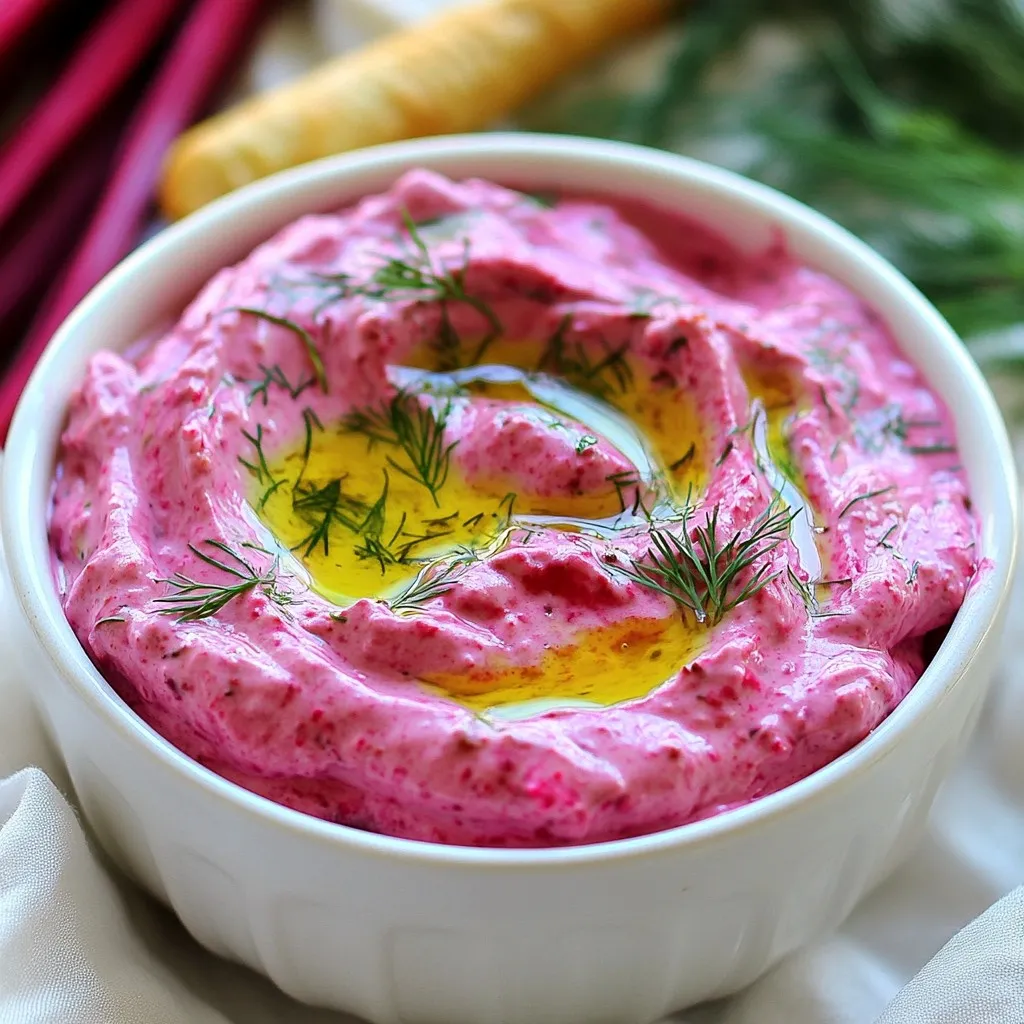 To make Greek Beetroot Yogurt Dip, you need: - 2 medium-sized beetroots, roasted and peeled - 1 cup full-fat Greek yogurt - 2 tablespoons tahini - 1 tablespoon freshly squeezed lemon juice - 1 garlic clove, finely minced - Salt and freshly cracked black pepper, to taste - 1 tablespoon extra virgin olive oil (for drizzling) - Fresh dill or parsley, finely chopped (for garnish) If you want to switch things up, consider these substitutes: - Instead of full-fat Greek yogurt, you can use low-fat yogurt for fewer calories. - If tahini is not available, nut butter like almond or sunflower seed works well. - For lemon juice, you can use lime juice, which adds a different zest. - If you don’t like garlic, you can skip it or add garlic powder for a milder taste. - Fresh herbs like cilantro or mint can replace dill or parsley for a twist. Using high-quality ingredients makes a big difference in flavor. Choose organic beetroots for better taste and health benefits. Fresh Greek yogurt gives a creamy texture and rich taste. Extra virgin olive oil adds a lovely aroma and depth. Fresh herbs not only look great but also enhance the dip's flavor. When you select the best ingredients, you create a dip that is both delicious and satisfying. {{ingredient_image_2}} Start by roasting the beetroots. Preheat your oven to 400°F (200°C). Wrap each beetroot in aluminum foil. Place them on a baking sheet. Roast for 45 to 60 minutes. They are done when a fork easily pierces them. Allow them to cool for a bit. Once cool, peel off the skin. Chop the beetroots into bite-sized chunks. Next, it’s time to blend the dip. Grab a food processor and add the roasted beet chunks. Pour in the Greek yogurt, tahini, and lemon juice. Add the minced garlic, salt, and black pepper. Process everything until smooth and creamy. Scrape down the sides if needed. Taste the dip and adjust seasonings. Add more salt or lemon juice to fit your taste. Now, transfer the dip to a nice serving bowl. Drizzle a tablespoon of extra virgin olive oil on top. This adds flavor and makes it look great. Finally, sprinkle fresh dill or parsley over the dip for garnish. Serve it chilled or at room temperature. Enjoy it with pita bread, veggie sticks, or as part of a mezze platter! To get the right texture, start with roasted beetroots. Roasting helps them soften and sweeten. Once they cool, peel and chop them. Blend the beetroots with Greek yogurt and tahini until smooth. If the dip is too thick, add a splash of olive oil or lemon juice. Blend again to mix well. This way, you create a creamy dip that is easy to scoop. Taste your dip as you mix. If it needs more zing, add more lemon juice. For extra depth, try a bit more garlic or salt. Each ingredient plays a role in flavor. You can also add fresh herbs like dill or parsley right into the mix. This gives your dip a fresh taste and a nice green color. Presentation makes your dip more inviting. Use a nice bowl to serve it. Drizzle olive oil on top to add shine. Sprinkle chopped herbs for color and freshness. This not only looks good but also adds flavor. Serve it with colorful veggie sticks or warm pita bread. This makes your dish stand out at any gathering. Pro Tips Choose Fresh Beets: For the best flavor and vibrant color, select fresh and firm beetroots without blemishes. The fresher the beets, the more delicious your dip will be! Adjust Creaminess: If you prefer a creamier dip, feel free to add more Greek yogurt until you reach your desired consistency. This will also enhance the dip's richness. Experiment with Flavors: Don’t hesitate to customize the dip by adding spices like cumin or smoked paprika for a unique twist, or substitute the tahini with another nut butter for different flavor notes. Chill Before Serving: Allow the dip to chill in the refrigerator for at least an hour before serving. This enhances the flavors and makes for a refreshing snack! {{image_4}} You can easily switch up the flavors in your Greek Beetroot Yogurt Dip. Try adding spices like cumin, smoked paprika, or coriander. Each spice gives the dip a unique taste. Fresh herbs can also enhance the flavor. Chopped mint or basil can add a fresh twist. Mix and match to find your favorite blend. If you want a creamier dip, consider using sour cream or cream cheese. These options will make the dip richer. For a tangy touch, you can mix in some buttermilk. Each choice adds a different taste but still keeps that creamy texture. Experiment with these to find your perfect creamy base. You can make a dairy-free version of this dip too. Use plant-based yogurt made from almond or coconut. These options keep the dip creamy without dairy. For added creaminess, blend in some avocado or soaked cashews. This way, you can enjoy the dip without using any dairy products. To keep your Greek Beetroot Yogurt Dip fresh, store it in an airtight container. This step helps prevent moisture and odors from getting in. Make sure to let the dip cool completely before sealing it. If possible, place a piece of plastic wrap directly on the dip before sealing the lid. This extra layer keeps it even fresher. When stored properly in the fridge, this dip will last for about 3 to 5 days. Always check for any changes in smell or appearance before eating. If you notice any odd signs, it’s best to throw it out. Freshness is key to enjoying this tasty treat. You can serve the Greek Beetroot Yogurt Dip straight from the fridge. It tastes great cold or at room temperature. If you prefer it warm, gently reheat it in a saucepan over low heat. Stir often to avoid burning. However, I recommend serving it cold for the best flavor and texture. Yes, you can use canned beetroots. They save time and are convenient. Just rinse them well to remove excess salt. Cut them into smaller pieces for easier blending. However, roasted beetroots bring a deeper flavor. To spice up your dip, add a pinch of cayenne pepper. You can also mix in some chopped jalapeños. For a fresh kick, try adding crushed red pepper flakes. Taste as you go to find the right heat level for you. This dip is packed with nutrients. Beetroots are rich in fiber, vitamins, and minerals. Greek yogurt adds protein and probiotics for gut health. Tahini brings healthy fats and calcium. Overall, this dip is a tasty, healthy choice for snacks or meals. In this post, we explored important ingredients for your dip, focusing on quality and substitutes. I shared step-by-step instructions for making it, along with tips for the best texture and flavor. We also looked at fun variations and how to store the dip effectively. This dip is easy, tasty, and adaptable. Feel free to experiment and make it your own. Trust me, with these tips, your dip will impress everyone. Enjoy every delicious bite!