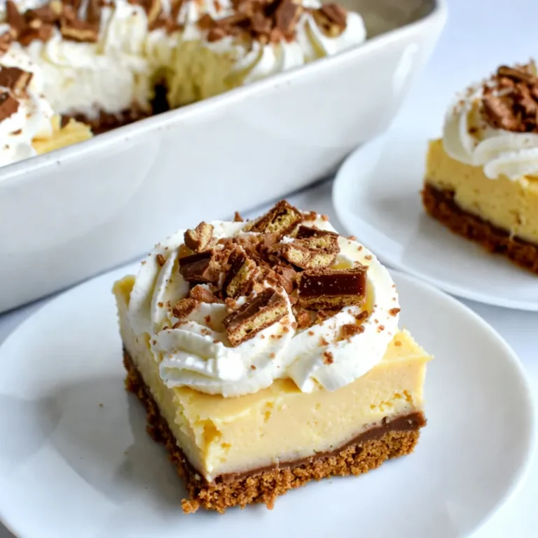 To make a Butterfinger Lush Dessert, you need specific ingredients. Each one plays a key role in making this treat delicious. Here’s what you’ll need: - 1 cup crushed Butterfinger candy bars (about 3 bars) - 1 ½ cups graham cracker crumbs - ½ cup unsalted butter, melted - 1 (8 oz) package cream cheese, softened - 1 cup powdered sugar - 1 (12 oz) container whipped topping (like Cool Whip), thawed - 1 (3.4 oz) package instant vanilla pudding mix - 2 cups cold milk - Additional crushed Butterfinger for garnish Each ingredient adds flavor and texture. The crushed Butterfinger candy bars give a sweet crunch. Graham cracker crumbs form the base. The melted butter helps bind the crust. Cream cheese adds creaminess, while powdered sugar sweetens the mix. Whipped topping makes it light. Instant vanilla pudding adds richness. Finally, the extra Butterfinger on top makes it look and taste great! {{ingredient_image_2}} To start, gather your graham cracker crumbs and melted butter. In a medium mixing bowl, combine these two ingredients. Mix them well until all the crumbs are coated in butter. Then, press this mixture firmly into a greased 9x13-inch baking dish. Make sure it is even and compact. This forms a solid base for your dessert. Next, take your softened cream cheese and place it in a large bowl. Using an electric mixer, beat the cream cheese until it is smooth. Slowly add the powdered sugar while mixing. Keep mixing until everything is well combined. Now, gently fold in one cup of thawed whipped topping. This will make the cream cheese layer light and fluffy. Spread this mixture evenly over the crust using a spatula. In another bowl, whisk the instant vanilla pudding mix with two cups of cold milk. Keep whisking for about two minutes or until it thickens. Once thick, carefully spread this pudding layer over the cream cheese layer. Use a spatula to smooth it out evenly. Now, take the remaining whipped topping and carefully spread it over the pudding layer. Ensure it covers the entire surface. This adds a nice, creamy top to your dessert. Finally, sprinkle the crushed Butterfinger candy bars evenly over the top. This adds a fun crunch and sweet flavor. Cover the baking dish tightly with plastic wrap and refrigerate it for at least four hours, or overnight for the best results. This chilling time helps the dessert set and lets the flavors blend beautifully. What are the benefits of overnight chilling? Chilling overnight makes the dessert taste better. The layers blend well, and the flavors mix nicely. It also helps the dessert set firmly, making it easier to cut. How can I speed up the chilling process? If you need a faster chill, use a freezer. Place the dessert in the freezer for about 1 to 2 hours. Just keep an eye on it. You don’t want it to freeze solid! What are the suggested serving styles? Cut the dessert into squares and place each on a nice plate. This way, it looks lovely for guests. You can also serve it in cups for a fun twist! How can I add chocolate syrup for elegance? Drizzle chocolate syrup on the plate before adding the dessert. This adds a nice touch. Top with a dollop of whipped topping and a sprinkle of crushed Butterfinger for a great look. What happens if I overmix the cream cheese? Overmixing can make the cream cheese too runny. This can ruin the fluffy texture you want. Mix it just until smooth and creamy for the best result. Why is it important to allow layers to set properly? If you skip the setting time, the layers won’t hold together well. This can lead to a messy dessert. Allow each layer to set before adding the next to keep it neat and tasty. Pro Tips Chill for Best Results: Allow the dessert to chill overnight for optimal texture and flavor melding. Use Fresh Ingredients: Ensure your cream cheese and whipped topping are fresh for the best taste and texture. Customize Your Toppings: Feel free to add nuts or different candy bar pieces for a unique twist on the flavor. Serve with Style: Drizzle chocolate syrup and add extra whipped topping for a beautiful presentation. {{image_4}} You can easily make Butterfinger Lush Dessert a bit healthier. Start by using low-fat cream cheese. This swap cuts fat but keeps the creamy texture. You can also use sugar-free pudding mix. This change reduces sugar without sacrificing flavor. Both options let you enjoy this treat with less guilt. If you want to add more flavor, try mixing in peanut butter. Just blend a bit of creamy peanut butter into the cream cheese layer. This gives a rich taste that pairs well with Butterfinger. You can also use other candy bars as toppings. Snickers or Milky Way would add fun twists. Feel free to experiment and find your favorite combo. Serving this dessert in individual cups is a fun idea. Each person gets their own portion, making it easy to share. You can also layer the dessert in a trifle dish. This method shows off the layers beautifully and makes a stunning centerpiece. No matter how you serve it, this dessert will impress your guests. To keep your Butterfinger Lush Dessert fresh, store it in the fridge. Use airtight containers to prevent it from absorbing other smells. Make sure the dessert is covered tightly with plastic wrap if you don’t have a container. This helps keep the layers nice and creamy. You can freeze Butterfinger Lush Dessert, but it’s best to do this before adding the topping. Wrap the dessert well in plastic wrap and then in foil. This will keep it fresh for up to two months. When you’re ready to enjoy it, thaw it in the fridge overnight. Avoid thawing at room temperature, as this can make it soggy. In the fridge, this dessert can last about 4 to 5 days. Always check for signs that it has gone bad. If you see any mold or it smells off, it’s best to throw it away. If the layers start to separate, that’s another sign it might be time to say goodbye. Enjoy this treat while it’s at its best! Yes, you can make this dessert in advance. I recommend prepping it the night before. This gives time for flavors to blend and layers to set. The total prep time is about 20 minutes. After that, chill for at least 4 hours. If you want the best taste, let it sit overnight. If you don’t have graham crackers, you can use vanilla wafers or digestive biscuits. Both options give a sweet and crunchy base. Just crush them the same way you would graham crackers. You could also try crushed pretzels for a salty twist. To keep your dessert firm, ensure the crust is compact. Press it down well in the dish. Use a good quality whipped topping; this keeps moisture in check. Also, let it chill completely before serving. This helps all the layers bond nicely. Absolutely! You can switch the vanilla pudding for chocolate or butterscotch. Each flavor adds a unique twist to your dessert. For a fun mix, try adding peanut butter pudding for a richer taste. Enjoy experimenting with flavors and find your favorite! This Butterfinger Lush Dessert is a fun treat that's easy to make. We covered the key ingredients, step-by-step instructions, and helpful tips. Remember to chill it overnight for the best flavor. You can add your twist with variations like using peanut butter or serving in cups. Proper storage keeps it fresh, while knowing the signs of spoilage is essential. With these tips, you’re set to impress everyone with your dessert. Enjoy your creation and share it with friends!