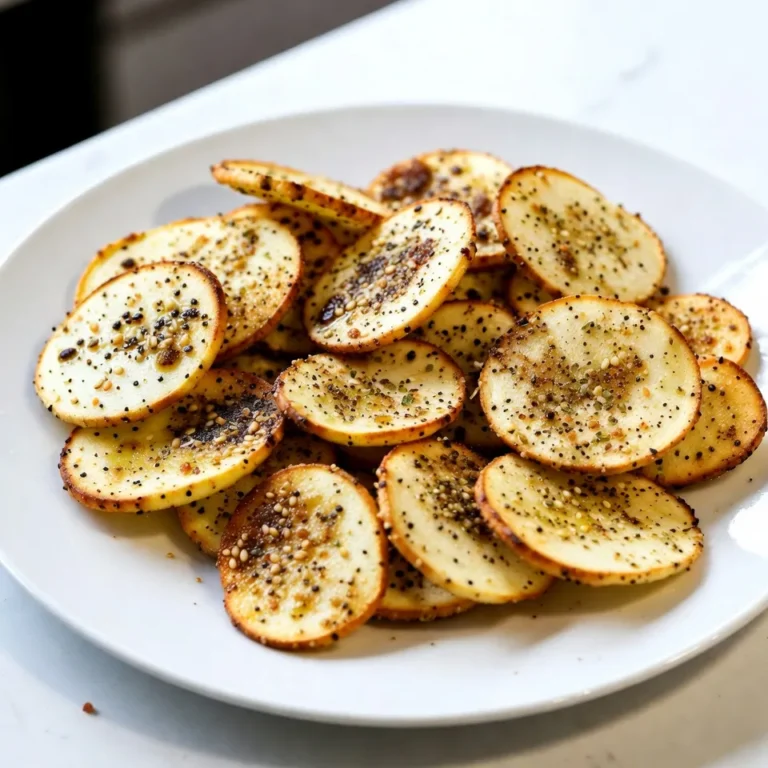 To make these tasty bagel chips, you need: - 2 everything bagels (fresh or slightly stale) - 2 tablespoons extra-virgin olive oil - 1 teaspoon garlic powder - 1 teaspoon onion powder - 1 teaspoon poppy seeds - 1 teaspoon sesame seeds - 1 teaspoon dried oregano - 1 teaspoon coarse sea salt Each ingredient plays a role in flavor. The everything bagels give the chips their signature taste. Olive oil adds richness and helps the spices stick. Garlic and onion powders bring a savory note. You can switch things up! Here are some ideas: - Use flavored olive oils, like chili or herb-infused. - Add crushed red pepper for heat. - Try different herbs, like thyme or basil. - Swap sea salt for smoked salt for a unique twist. These options let you customize your chips. Experimenting adds fun to the cooking process! Not all bagels are the same. Here are my top picks: - New York-style bagels: They have the perfect chew and crust. - Local bakeries: Fresh bagels from local shops often taste better. - Whole grain bagels: For a healthier option, try these. Choosing quality bagels makes a big difference. Go for brands that focus on fresh ingredients and traditional methods. This will give you the best flavor for your chips! {{ingredient_image_2}} Set your air fryer to 300°F (150°C) to preheat. Preheating helps your bagel chips cook evenly. This step is key for achieving the right crunch. Grab two everything bagels. Use a sharp knife to slice each bagel into thin rounds. Aim for slices about 1/4 inch thick. Keeping the thickness uniform helps them cook at the same rate. In a medium bowl, mix together 2 tablespoons of olive oil, 1 teaspoon of garlic powder, 1 teaspoon of onion powder, 1 teaspoon of poppy seeds, 1 teaspoon of sesame seeds, 1 teaspoon of dried oregano, and 1 teaspoon of coarse sea salt. Whisk until well blended. This mix gives the chips a tasty flavor. Add the sliced bagels to your bowl of oil mix. Toss them gently but thoroughly. Make sure every slice gets an even coating. This ensures each chip is packed with flavor. Place the bagel slices in a single layer in the air fryer basket. Avoid overcrowding; this lets air flow freely. If needed, cook in batches. This ensures they crisp up nicely. Cook the bagel chips for about 8-10 minutes. At the halfway mark, pause and shake the basket. Flip the chips to help them cook evenly. This step is important for that perfect crunch. Once the chips are golden brown, carefully remove them from the air fryer. Place them on a wire rack to cool completely. This cooling step is crucial for extra crispiness. If you have more bagel slices, repeat the last steps until all are cooked. Serve your Everything Bagel Chips as a tasty snack. Pair them with your favorite dip for an even better treat! To get the best crunch, follow a few simple steps. First, slice the bagels thin, about 1/4 inch thick. This helps them cook evenly. Next, preheat your air fryer to 300°F (150°C). Preheating lets the chips crisp up right away. Lastly, let the chips cool on a wire rack after cooking. This step keeps them crispy longer. Avoid overcrowding the air fryer basket. If you pile the bagel slices, they won’t cook evenly. Cook in batches if needed. Another mistake is skipping the shaking step. Shaking the basket halfway through helps to brown both sides. Lastly, don’t skip the cooling process. This final step makes all the difference in crunchiness. You can change the flavors to suit your taste. Add more garlic or onion powder for a bolder taste. If you love heat, sprinkle in some red pepper flakes. For a twist, try adding herbs like thyme or rosemary. You can also experiment with different seeds, such as flaxseeds or chia seeds. Mix and match to find your perfect flavor! Pro Tips Slice Evenly: Ensure that your bagel slices are uniform in thickness to promote even cooking and crispiness throughout. Experiment with Seasonings: Feel free to customize the seasoning blend by adding other spices or herbs that you enjoy, such as smoked paprika or Italian seasoning. Monitor Cooking Time: Keep an eye on the chips as they cook, as the air fryer can vary in temperature. Adjust the cooking time as needed for your desired level of crunch. Storage Tips: Store any leftovers in an airtight container to maintain their crispness, but they are best enjoyed fresh. {{image_4}} You can make your bagel chips sweet too! Try adding cinnamon and sugar. Mix one tablespoon of sugar with a teaspoon of cinnamon. Coat your bagel slices with this blend instead of the savory mix. The sweet chips taste great with cream cheese or yogurt. Savory chips work well with dips like hummus or guacamole. If you need gluten-free bagel chips, use gluten-free bagels. Many stores offer gluten-free varieties now. Look for ones made with almond or coconut flour. Just follow the same steps with your gluten-free bagels. You still get the crunch and flavor without the gluten. Don’t limit yourself to just everything bagels. Experiment with different flavors! Onion, garlic, or sesame bagels make great chips. You can even try a cheddar bagel for a cheesy twist. Each flavor gives the chips a new taste. Mix and match flavors to find your favorite! To keep your bagel chips fresh and crunchy, store them in an airtight container. This helps prevent moisture from making them soft. You can use a glass jar or a resealable plastic bag. If you have a lot, consider layering them with parchment paper. This keeps them from sticking together. If your bagel chips lose their crispness, you can easily revive them. Preheat your air fryer to 300°F (150°C). Place the chips in the basket in a single layer. Heat for about 2-3 minutes. This quick method restores their crunch without drying them out. Homemade bagel chips can last about one week when stored properly. After that, they may start to lose their texture and flavor. If you want to keep them longer, consider freezing them. Place them in a freezer-safe container or bag. They can last up to three months in the freezer. When ready to eat, just reheat them in the air fryer. The best temperature is 300°F. This low heat allows the bagel chips to cook evenly. It helps them get crispy without burning. These bagel chips last about one week when stored in an airtight container. Keep them in a cool, dry place. For the best taste, eat them sooner. Yes, you can. Preheat your oven to 350°F. Spread the bagel slices on a baking sheet. Bake for 10 to 12 minutes, flipping halfway through. Not at all! Fresh bagels work fine. Stale bagels might be crispier, but fresh ones taste great too. Just slice them thinly for best results. These chips go well with many dips. Try creamy spinach-artichoke dip, tzatziki, or hummus. Each dip adds a nice flavor contrast to the crunchy chips. Enjoy exploring different pairings! You now know how to make delicious air fryer everything bagel chips. We covered key ingredients, step-by-step instructions, and tips for crispy results. You can even try sweet or savory variations. Remember, proper storage helps maintain freshness. Feel free to customize your seasonings to match your taste. Enjoy dipping your bagel chips in your favorite spreads. With this guide, you can create tasty snacks anytime. Happy cooking!