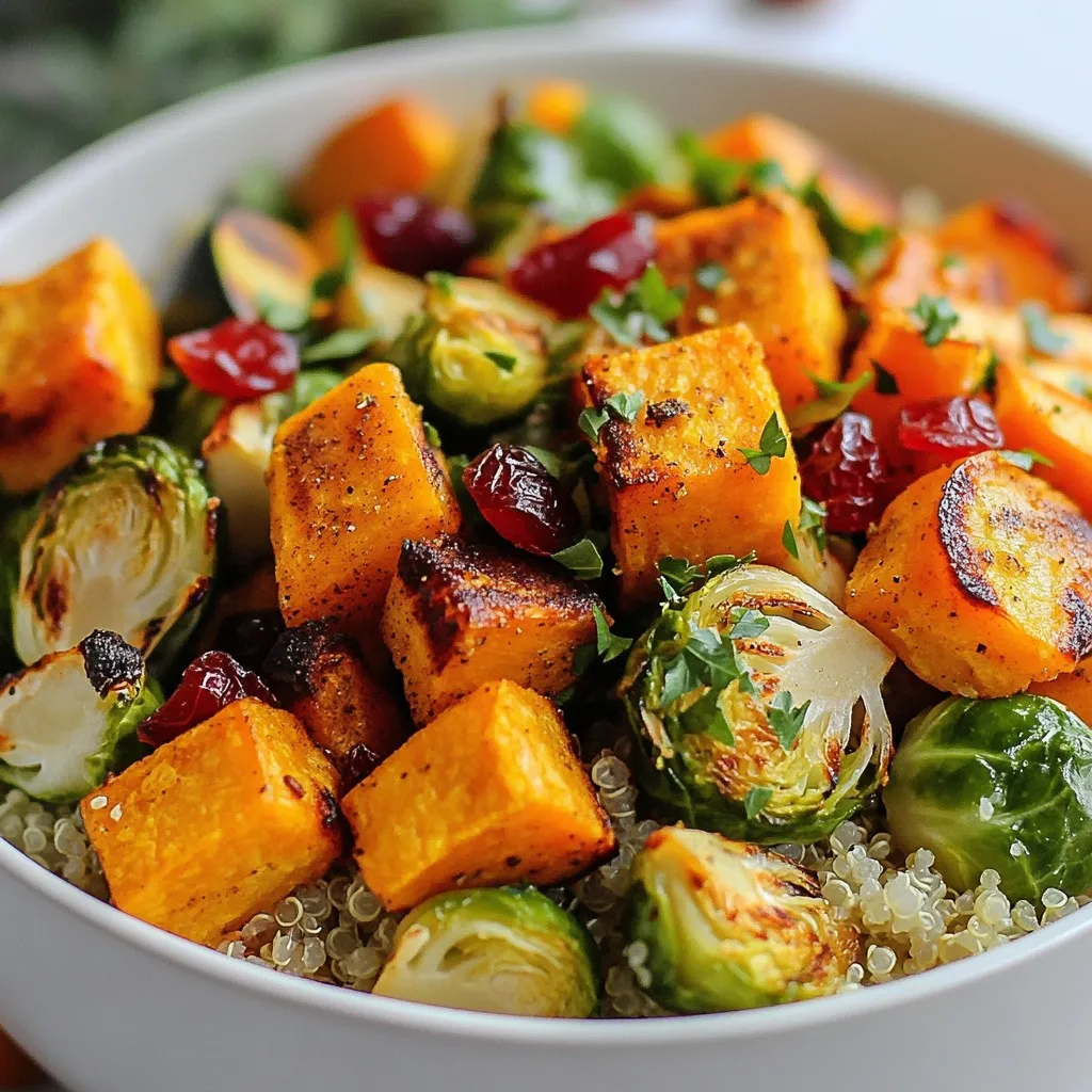 - 1 cup quinoa, thoroughly rinsed - 2 cups vegetable broth or water - 1 medium sweet potato, peeled and cut into bite-sized cubes - 1 cup Brussels sprouts, trimmed and halved - 1 red bell pepper, diced into medium pieces - 1 medium zucchini, sliced into half-moons - 2 tablespoons extra virgin olive oil - 1 teaspoon ground cinnamon - 1 teaspoon smoked paprika - Sea salt and freshly ground black pepper, to taste - ½ cup dried cranberries, plump and sweet - ¼ cup pumpkin seeds, roasted for extra crunch - Fresh parsley or arugula, finely chopped, for garnish Each ingredient plays a big role in the flavor and texture of the dish. Quinoa serves as a fluffy base, soaking up all the good flavors. The sweet potato brings a natural sweetness, while Brussels sprouts add a slight crunch. The red bell pepper adds color and a hint of sweetness, and zucchini gives a nice, light texture. Olive oil helps to roast the veggies perfectly, while cinnamon and smoked paprika deliver warmth and depth. Dried cranberries provide a sweet bite, and pumpkin seeds add a lovely crunch. Fresh herbs on top brighten everything up and add a pop of color. When you gather these ingredients, think about how they work together. Each one contributes to the overall taste, making the Autumn Glow Roasted Veggie Quinoa Bowls a delightful dish for any time of the year. {{ingredient_image_2}} Start by preheating your oven to 425°F (220°C). This high heat helps the veggies roast well. In a large bowl, combine the cubed sweet potato, halved Brussels sprouts, diced red bell pepper, and sliced zucchini. Drizzle them with two tablespoons of extra virgin olive oil. Then, sprinkle one teaspoon of ground cinnamon, one teaspoon of smoked paprika, sea salt, and freshly ground black pepper over the top. Toss everything gently until the vegetables are well coated with the oil and seasonings. Next, spread the seasoned vegetables evenly across a baking sheet. Make sure they are in a single layer. This helps them roast evenly. Place the sheet in the oven and roast for about 25 to 30 minutes. Halfway through, flip the veggies for even cooking. You want them tender and caramelized, so keep an eye on them. While the veggies roast, it’s time to cook the quinoa. In a medium saucepan, bring two cups of vegetable broth or water to a rolling boil. Once it’s boiling, add one cup of rinsed quinoa. Cover the pot and lower the heat to a gentle simmer. Cook for 15 minutes until the liquid is absorbed and the quinoa is fluffy. After cooking, remove it from heat and let it sit covered for an extra five minutes. This resting time helps achieve the perfect texture. Once the quinoa is ready, use a fork to fluff it up. Season it with a pinch of sea salt to enhance its flavor. Now, let’s put the bowls together! Start with a generous base of fluffy quinoa. Top it with a hearty portion of the roasted vegetables, letting all those colors shine. For a sweet touch, sprinkle sweet dried cranberries and crunchy pumpkin seeds over the top. Finally, add a garnish of freshly chopped parsley or a handful of peppery arugula for that refreshing burst. To get great roasted veggies, spread them evenly on the baking sheet. This helps them cook evenly. If they are too close together, they will steam instead of roast. Flipping them halfway through roasting is key. This ensures they caramelize nicely on all sides. To boost the flavor of your quinoa, try adding herbs like thyme or basil. You can also use spices such as garlic powder or cumin. Rinsing the quinoa before cooking is vital. It removes bitter saponins and enhances its taste. For a beautiful presentation, use deep, wide plates. This allows the colors of the roasted veggies to shine. Drizzle a bit of olive oil on top for extra flavor. A sprinkle of fresh herbs right before serving adds a nice touch. Pro Tips Cut Evenly: Ensure that all vegetables are cut into similar sizes to promote even roasting, which will enhance flavor and texture. Flavor Boost: For an extra flavor boost, marinate the vegetables for 30 minutes in olive oil and spices before roasting. Quinoa Rinse: Rinsing the quinoa before cooking helps remove its natural coating, called saponin, which can impart a bitter taste. Mix and Match: Feel free to substitute seasonal vegetables based on availability or personal preference for a unique twist each time. {{image_4}} You can add protein to your Autumn Glow Roasted Veggie Quinoa Bowls. Chickpeas work great here. They add a nice crunch and a protein boost. Just toss one can of drained chickpeas with olive oil and spices. Roast them alongside your veggies for added texture. If you prefer meat, grilled chicken is a tasty option. Cut the chicken into bite-sized pieces. Cook it in a pan with olive oil and your favorite spices. Top your quinoa bowl with this juicy chicken. These bowls are easy to adapt for different diets. They are naturally vegan if you skip the chicken. Use vegetable broth for cooking quinoa, and you’ll keep it plant-based. For gluten-free eaters, quinoa is a perfect grain choice. Make sure all your spices are gluten-free too. If you like dairy, add some feta cheese for creaminess. Feel free to change up the vegetables based on what’s in season. In winter, use root veggies like carrots or parsnips. They roast beautifully and add a sweet flavor. Spring brings fresh asparagus and peas. You can swap out the Brussels sprouts for these bright green veggies. In summer, try adding corn or cherry tomatoes for a burst of flavor. Each season offers unique veggies that can make your bowl shine! To store your Autumn Glow Roasted Veggie Quinoa Bowls, first let them cool. Place the bowls in airtight containers. They will keep well in the fridge for about three to four days. Make sure you separate the quinoa from the veggies if you want to keep them fresh longer. When reheating, use the microwave for quick warming. Place the bowl in the microwave and cover it loosely with a damp paper towel. Heat in short bursts, about one minute at a time, until warmed through. If you prefer the oven, reheat at 350°F (175°C) for about 10-15 minutes. This helps keep the texture intact. You can freeze these bowls too! Allow them to cool completely, then pack them in freezer-safe bags or containers. Squeeze out as much air as possible before sealing. For best flavor and texture, consume within two months. To thaw, place in the fridge overnight or use the microwave on a low setting. Enjoy your Autumn Glow even when it's chilly outside! Yes, you can, but I do not recommend it. Rinsing quinoa helps remove a bitter coating called saponin. This coating can make your quinoa taste off. When you rinse, you wash away the saponin and improve the flavor of your dish. I always rinse my quinoa under cold water for a few minutes. This small step really makes a big difference in taste. Roasting times can vary. For the Autumn Glow Roasted Veggie Quinoa Bowls, I roast the veggies for about 25 to 30 minutes. Sweet potatoes and Brussels sprouts may take a bit longer. Always flip the veggies halfway through roasting. This helps them cook evenly and become nice and caramelized. If you do not have vegetable broth, you can use water. You can also try using chicken broth for a non-vegetarian option. Another choice is to add some herbs or spices to the water for extra flavor. This way, you can still enjoy rich taste in your quinoa. Absolutely! The Autumn Glow Roasted Veggie Quinoa Bowls are great for meal prep. The quinoa and roasted veggies store well in the fridge. You can easily make a batch for the week. Just keep the toppings, like cranberries and pumpkin seeds, separate until you serve. This keeps everything fresh and tasty! In this article, we covered how to make Autumn Glow Roasted Veggie Quinoa Bowls. We explored ingredients, cooking steps, and tips for perfecting the dish. These bowls are colorful, healthy, and tasty. You can also swap out veggies or add proteins. Whether for meal prep or a cozy dinner, this dish brings comfort. Enjoy the vibrant flavors while knowing it's good for you too. Get creative and make this recipe your own!