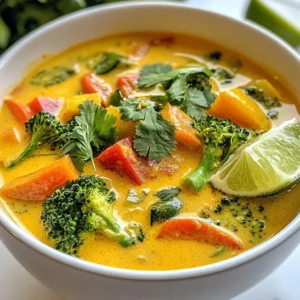 - 1 tablespoon coconut oil - 1 medium onion, finely chopped - 3 cloves garlic, minced - 1 tablespoon fresh ginger, peeled and grated - 2 tablespoons red curry paste - 1 can (14 oz) coconut milk, full-fat for creaminess - 4 cups vegetable broth, low-sodium preferred - 2 medium carrots, peeled and sliced into rounds - 1 red bell pepper, deseeded and chopped into bite-sized pieces - 1 cup broccoli florets, chopped into small pieces - 1 cup snap peas, trimmed - 2 tablespoons soy sauce or tamari for a gluten-free option - 1 tablespoon freshly squeezed lime juice - Salt and freshly ground black pepper to taste - Fresh cilantro leaves, for garnish - Lime wedges, for serving This list is simple but full of flavor. The coconut oil brings richness. The onion, garlic, and ginger create a strong base. The red curry paste adds spice and depth. Coconut milk gives the soup a creamy texture. The vegetable broth keeps it light but flavorful. You can mix and match veggies in this soup. Carrots, bell peppers, broccoli, and snap peas are great choices. They not only taste good but also add color. Enjoy the crunch and the vibrant look! Don't skip the soy sauce or tamari. It adds umami, which makes this dish sing. Lime juice brightens the flavors and adds freshness. Use fresh cilantro as a garnish. It looks pretty and tastes great! This soup is easy to make and full of good things. Feel free to adjust ingredients based on what you have. Cooking is fun, and this recipe is all about enjoying it! {{ingredient_image_2}} 1. Heating the oil and saut&eacute;ing aromatics Start by heating 1 tablespoon of coconut oil in a large pot over medium heat. Wait until the oil shimmers. Add 1 finely chopped onion and saut&eacute; for about 3-4 minutes. You want it to be translucent and fragrant. Next, stir in 3 minced garlic cloves and 1 tablespoon of grated ginger. Cook this mixture for another minute until it smells amazing. 2. Incorporating the curry paste and liquids Now, add 2 tablespoons of red curry paste to the pot. Stir well to blend it into the onion mix. Cook for an extra 2 minutes to bring out the flavors. Then, pour in 1 can of full-fat coconut milk and 4 cups of low-sodium vegetable broth. Stir continuously to combine everything, then raise the heat slightly. Bring this to a gentle simmer. 3. Adding vegetables and simmering Add 2 sliced carrots and 1 chopped red bell pepper to the pot. Let it simmer for 5 minutes to soften the veggies a bit. After that, stir in 1 cup of broccoli florets and 1 cup of snap peas. Continue to simmer for another 5-7 minutes, until all the veggies are tender and bright. 1. Adjusting seasoning before serving Lower the heat and mix in 2 tablespoons of soy sauce and the juice of 1 lime. Taste the soup and add salt and freshly ground black pepper as needed to enhance the flavor. 2. Presentation tips for serving the soup Remove the pot from heat. Ladle the hot soup into vibrant bowls. Garnish each bowl with fresh cilantro leaves. Serve with lime wedges on the side for an extra zesty touch. This makes the soup look inviting and bright. To enhance the curry taste, start with quality ingredients. Use fresh garlic and ginger for the best flavor. Saut&eacute; the onion until it&rsquo;s soft and sweet. This builds a great base. Use red curry paste to add depth. Add it early to let those flavors bloom. Taste as you go. If you want more spice, add extra curry paste or a pinch of cayenne pepper. For this soup, a large pot works best. A sturdy wooden spoon helps mix ingredients well. Consider a ladle for easy serving. If you want a creamy texture, use a blender. Blend a portion of the soup to make it smooth. Then mix it back in. This gives the soup a rich feel without losing the veggies. Pro Tips Fresh Ingredients: Always use fresh vegetables and herbs to enhance the flavor and nutritional value of your soup. Adjust the Spice: Feel free to adjust the amount of red curry paste to suit your spice tolerance; start with less if you're unsure. Add Protein: For a heartier soup, consider adding tofu or chickpeas for extra protein and texture. Make it Ahead: This soup keeps well in the fridge for a few days, making it perfect for meal prep or leftovers. {{image_4}} You can make this soup your own with fun swaps. Try different veggies based on what you have. - Alternative vegetables: Use zucchini, spinach, or kale. These add great taste and color. - Possible protein additions: Add cubed tofu or chickpeas for extra protein. Both options boost nutrition and flavor. If you follow special diets, you can still enjoy this soup. Here are some easy swaps. - Gluten-free options: Use tamari instead of soy sauce. It keeps the taste while being gluten-free. - Low-carb variations: Swap out the carrots and snap peas for cauliflower or mushrooms. This keeps it low-carb and tasty. To keep your Vegan Thai Coconut Curry Soup fresh, use airtight containers. Glass containers work best. They help keep the soup safe and prevent spills. You can also use BPA-free plastic containers. Make sure to let the soup cool before sealing it. You can store the soup in the fridge for up to four days. If you want to keep it longer, freeze it. The soup can last in the freezer for up to three months. Just be sure to leave some space in the container. Soup expands when it freezes. For reheating, the best method is the stove. Pour the soup into a pot and heat it over medium-low heat. Stir it often to keep it from sticking. You can also reheat it in the microwave. Use a microwave-safe bowl and cover it with a lid or wrap. Heat in short bursts, stirring in between. To keep the flavor and texture, add a splash of vegetable broth or coconut milk when reheating. This will help restore the creamy consistency and enhance the taste. Enjoy your delicious soup warm and fresh! How can I make this soup spicier? To add heat, try using more red curry paste. You can also add fresh chili peppers. For a milder spice, use jalape&ntilde;os or serranos. Adjust the amount to your taste. Can I use other types of curry paste? Yes, you can use green or yellow curry paste. Each has a unique flavor. Green curry paste is often spicier, while yellow has a milder taste. Choose what you like best! How do I adjust the recipe for more servings? To make more soup, simply double the ingredients. Use a larger pot to hold everything. Keep the cooking times similar for the best results. What's the best way to freeze Vegan Thai Coconut Curry Soup? Let the soup cool completely before freezing. Use airtight containers or freezer bags. Label with the date and store for up to three months. Thaw in the fridge before reheating. This article covered how to make a tasty Vegan Thai Coconut Curry Soup. You learned about the key ingredients, detailed cooking steps, and tips to enhance flavor. We also explored variations for different diets and storage tips for leftovers. Cooking can be fun and rewarding. Use these steps and tips to make your own healthy soup. Enjoy each bowl you serve!