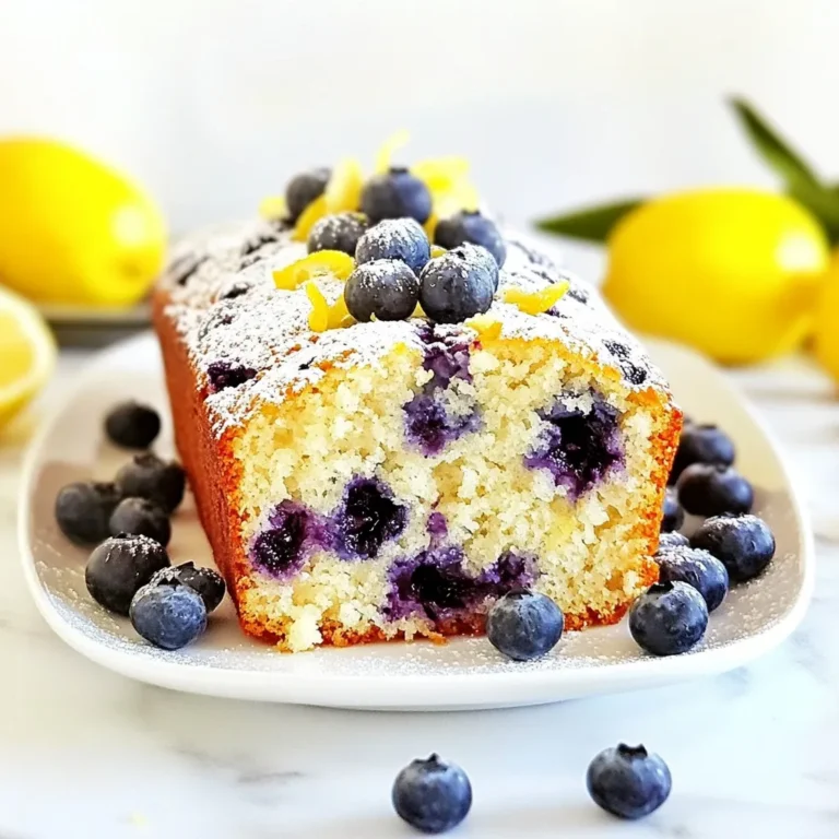 For a perfect Lemon Blueberry Yogurt Loaf, gather the following ingredients: - 1 cup all-purpose flour - 1 teaspoon baking powder - 1/2 teaspoon baking soda - 1/4 teaspoon salt - 1/2 cup plain yogurt (Greek or regular) - 1/2 cup granulated sugar - 1/4 cup vegetable oil - 2 large eggs, at room temperature - Zest of 1 lemon (about 1 tablespoon) - 2 tablespoons freshly squeezed lemon juice - 1 cup fresh blueberries (or thawed frozen blueberries) - 1/4 teaspoon vanilla extract If you need to substitute, here are some great options: - You can use almond flour instead of all-purpose flour for a gluten-free option. - Greek yogurt can replace regular yogurt for a thicker texture. - Unsweetened applesauce can work as a substitute for oil. - You can try honey or maple syrup instead of granulated sugar. These swaps can change the flavor or texture of the loaf, so it’s worth experimenting! {{ingredient_image_2}} Start by preheating your oven to 350°F (175°C). Preheating the oven is key. It helps the loaf bake evenly. While the oven warms up, take a 9x5-inch loaf pan. Grease it well with cooking spray or butter. This step makes sure the loaf comes out easily after baking. In a medium bowl, measure 1 cup of all-purpose flour. Add 1 teaspoon of baking powder, 1/2 teaspoon of baking soda, and 1/4 teaspoon of salt. Use a whisk to mix these dry ingredients well. Whisking is important. It helps to break up any lumps and evenly mix the leavening agents. Grab a large mixing bowl. Add 1/2 cup of plain yogurt and 1/2 cup of granulated sugar. Use a whisk to blend them until smooth. Next, pour in 1/4 cup of vegetable oil, add 2 large eggs, the zest of 1 lemon, 2 tablespoons of lemon juice, and 1/4 teaspoon of vanilla extract. Whisk all these wet ingredients together until creamy. This mixture should be smooth and well-combined. Now, take the dry mixture and add it to the wet ingredients. Do this in parts, stirring gently with a spatula. Mix until just combined. Be careful not to overmix. This keeps the loaf light and fluffy. Now, gently fold in 1 cup of fresh blueberries. Use a spatula to ensure they are spread throughout the batter without breaking. Pour the batter into your greased loaf pan. Use a spatula to smooth the top. Bake in your preheated oven for 50-60 minutes. To check if it’s done, insert a toothpick in the center. If it comes out clean or with a few moist crumbs, your loaf is ready. When the loaf bakes, remove it from the oven. Let it cool in the pan for about 10 minutes. Then, carefully transfer the loaf to a wire rack. Allow it to cool completely before slicing. This helps keep the texture just right. To make a perfect Lemon Blueberry Yogurt Loaf, avoid common baking mistakes. First, always measure your flour correctly. Too much flour can make your loaf dry. Use a spoon to scoop flour into your measuring cup, then level it off with a knife. Next, mix dry ingredients well. Whisk the flour, baking powder, baking soda, and salt together. This helps create an even rise. When combining wet and dry mixes, stir gently. Overmixing can lead to a tough loaf. Check your oven temperature. An oven that's too hot can burn the edges. An oven thermometer helps ensure the right heat. Bake until a toothpick comes out clean. This means your loaf is done. For serving, slice the loaf and place the pieces on a nice plate. You can dust them lightly with powdered sugar to add a sweet touch. Garnish with whole blueberries and lemon zest. This makes your loaf look fresh and colorful. Pair your Lemon Blueberry Yogurt Loaf with drinks like tea or lemonade. The tangy flavor complements the loaf's sweetness well. Consider serving it with a dollop of whipped cream or yogurt for extra creaminess. This adds a lovely finish to your dish. Pro Tips Fresh Blueberries: Use fresh blueberries for the best flavor and texture. If using frozen, make sure to thaw and drain them well to prevent excess moisture in the batter. Room Temperature Eggs: Ensure your eggs are at room temperature before mixing them in. This helps create a smooth batter and better incorporation with the other ingredients. Don't Overmix: Mix the batter until just combined. Overmixing can lead to a dense loaf, so be gentle when folding in the dry ingredients and blueberries. Cooling Time: Allow the loaf to cool completely on a wire rack before slicing. This helps set the texture and makes for cleaner, more even slices. {{image_4}} You can easily change the yogurt in this recipe. Try using Greek yogurt for a thicker texture. If you like a creamier loaf, use whole milk yogurt. Low-fat yogurt works too, but it might change the taste slightly. Instead of granulated sugar, use honey or maple syrup. These will add a unique flavor and sweetness. You can also swap the vegetable oil for melted coconut oil or butter for a richer taste. If you want to mix things up, add different fruits. Chopped strawberries or raspberries pair well with lemon. You might also try peaches or cherries for a summer twist. To enhance the flavor, consider adding spices. A pinch of cinnamon or nutmeg can bring warmth. Cardamom can add a lovely floral note. Just remember, a little goes a long way! For a gluten-free loaf, use a gluten-free flour blend. Make sure it has a mix of starches and proteins for the best texture. You can also add a bit of xanthan gum to help with the rise. If you need a vegan option, replace the eggs with flaxseed meal. Mix 1 tablespoon of flaxseed with 3 tablespoons of water. Let it sit for about five minutes to thicken. You can also use a plant-based yogurt for a creamy texture. To keep your Lemon Blueberry Yogurt Loaf fresh, wrap it tightly in plastic wrap. Place it in an airtight container or a zip-top bag. This helps keep the moisture in and prevents it from drying out. Store it at room temperature for short-term use. If you want to keep it longer, move it to the fridge. Just make sure it’s well wrapped. If you want to freeze the loaf, first cool it completely. Then, slice it into individual pieces. Wrap each slice in plastic wrap and place them in a freezer-safe bag. This way, you can take out only what you need. To thaw, simply place a slice in the fridge overnight or leave it at room temperature for a few hours. You can also warm it in the microwave for a quick treat. At room temperature, the loaf lasts about 2 to 3 days. In the fridge, it stays fresh for about a week. If you freeze it, the loaf can last up to 3 months. Just remember to check for any signs of freezer burn before enjoying it. This way, you'll always have a slice of lemon blueberry goodness ready to go! You can use sour cream in place of yogurt. It gives a similar tangy taste. Buttermilk is another good choice. It will add moisture to the loaf. If you want a dairy-free option, try using coconut yogurt. Make sure it is plain and unsweetened for the best results. Yes, you can use frozen blueberries. Just remember to thaw them first. Drain any excess juice to avoid a wet batter. Frozen blueberries may not hold their shape as well in the loaf. However, they still add great flavor and color. Check the loaf after 50 minutes. Insert a toothpick into the center. If it comes out clean with a few crumbs, the loaf is ready. If the toothpick has wet batter, bake for a few more minutes. The top should also be golden brown. Yes, you can double the recipe easily. Just use a larger mixing bowl and pan. A 9x5-inch pan works for one loaf, but use two for the doubled batch. You may need to add a few extra minutes to the baking time. Keep an eye on the loaf as it bakes. In this post, I shared a detailed guide for making a delicious blueberry loaf. We covered ingredients, step-by-step baking instructions, tips for success, and variations. Remember, preheating your oven is key, and proper mixing is crucial for a smooth batter. Try different ingredients to make it your own, and follow my storage tips to keep it fresh. Baking is fun and allows for creativity. Enjoy baking and tasting your blueberry loaf! You’ll impress everyone with your skills.
